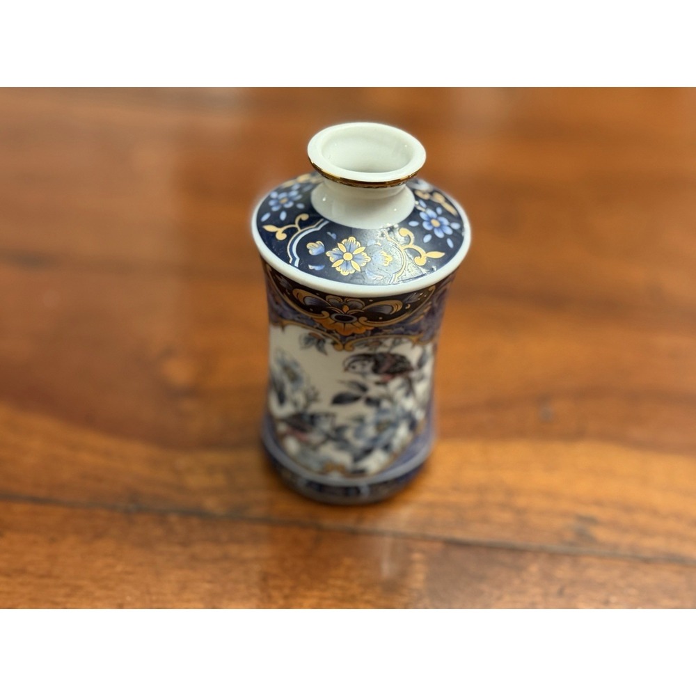 Vintage Otagiri Japan "Blue Royal" Miniature Porcelain Vase Birds & Gold Brocade